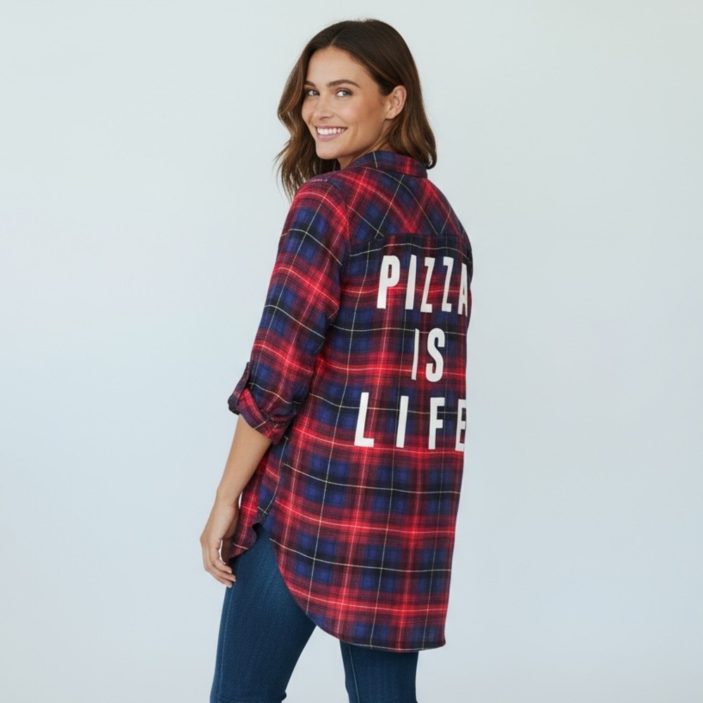 Polly & Esther “Pizza Is Life” Plaid Button Down Red & Blue Shirt, Size Large